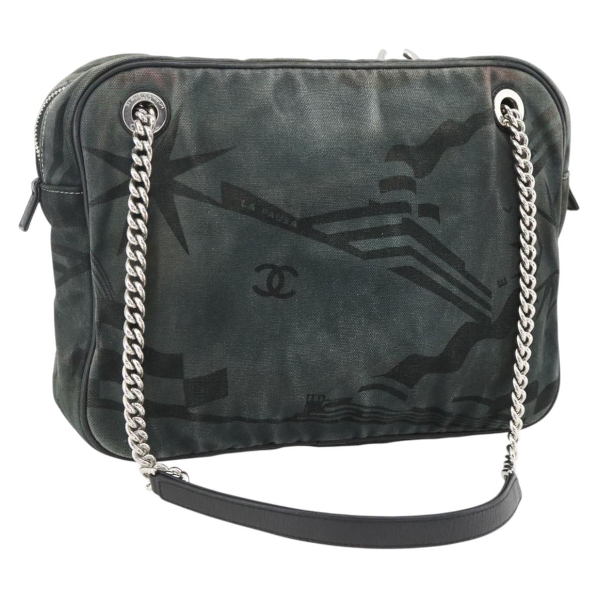 CHANEL Chain Shoulder Bag Canvas Black Silver CC Auth bs33649