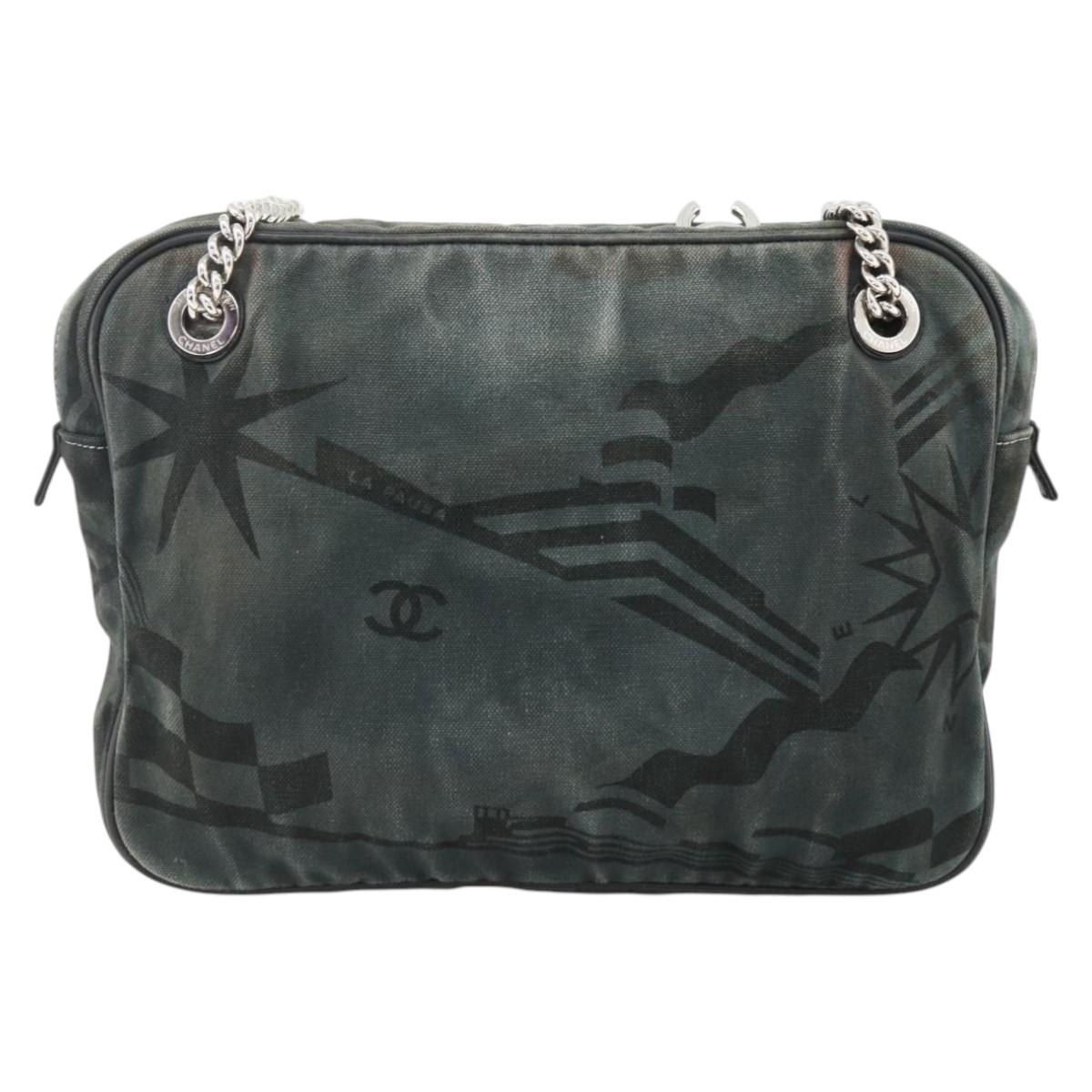CHANEL Chain Shoulder Bag Canvas Black Silver CC Auth bs33649