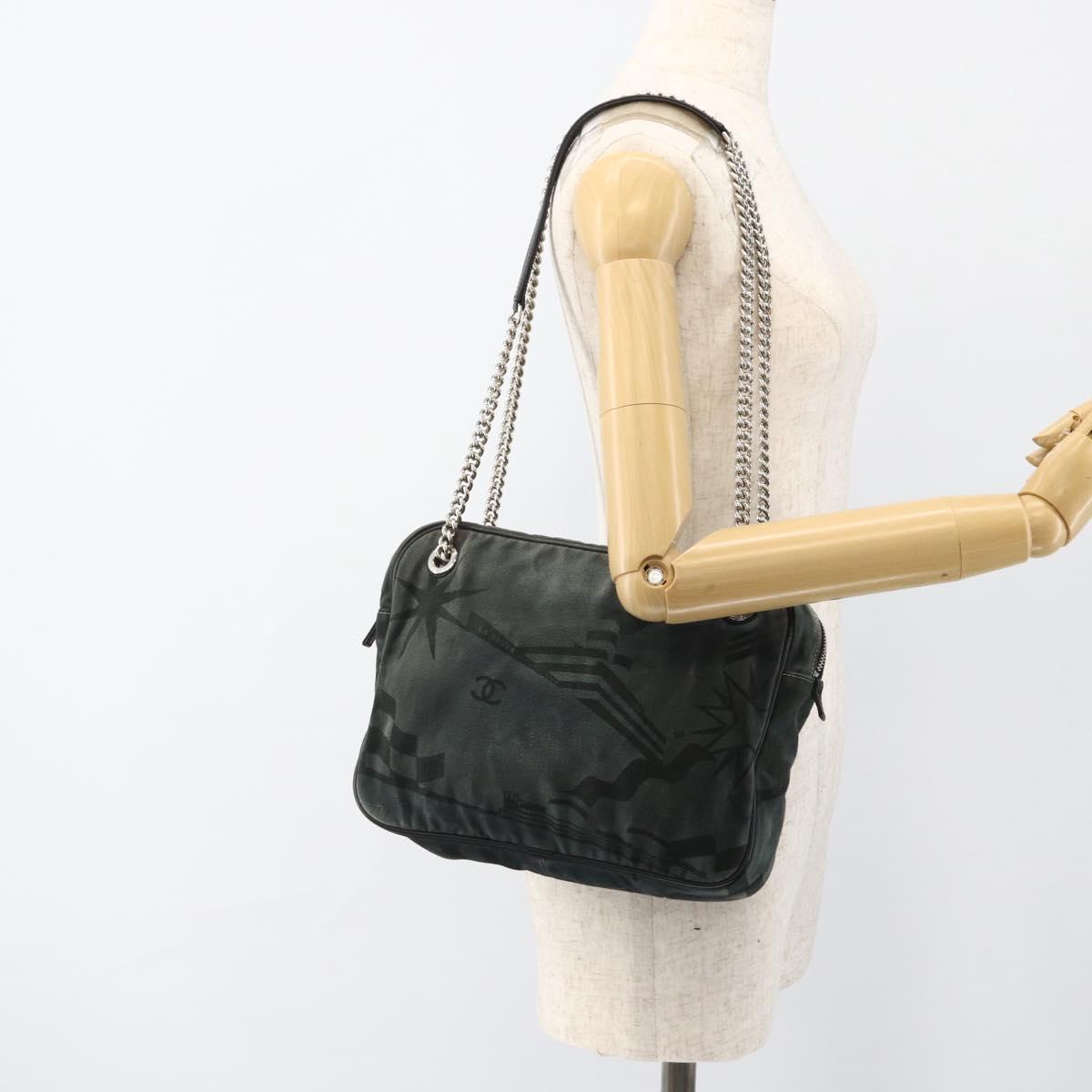 CHANEL Chain Shoulder Bag Canvas Black Silver CC Auth bs33649