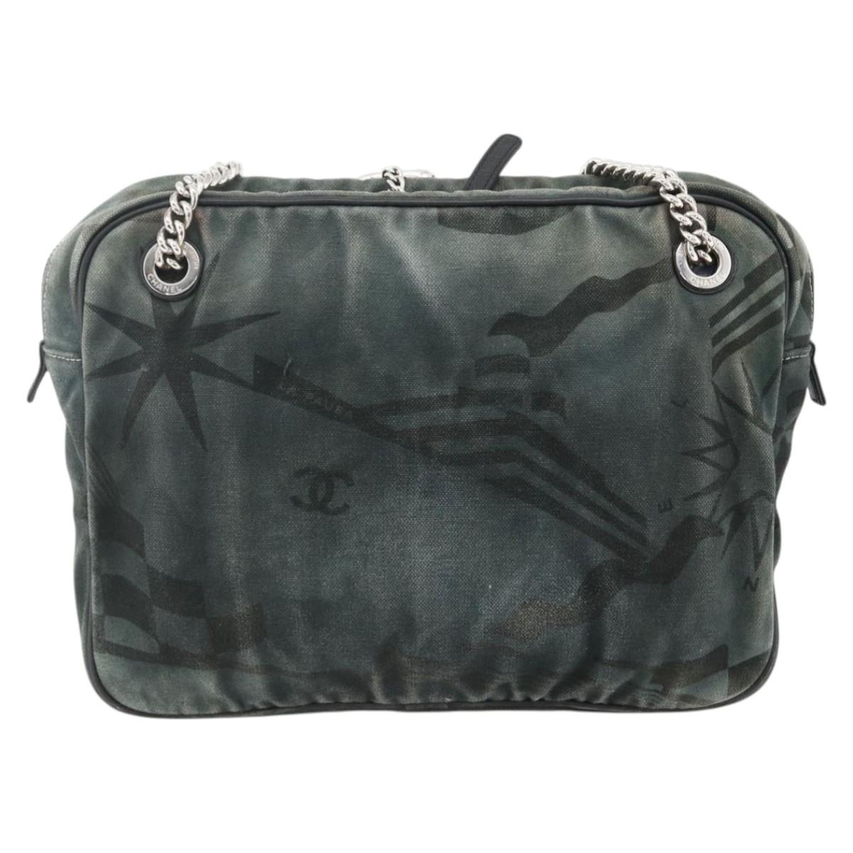 CHANEL Chain Shoulder Bag Canvas Black Silver CC Auth bs33649