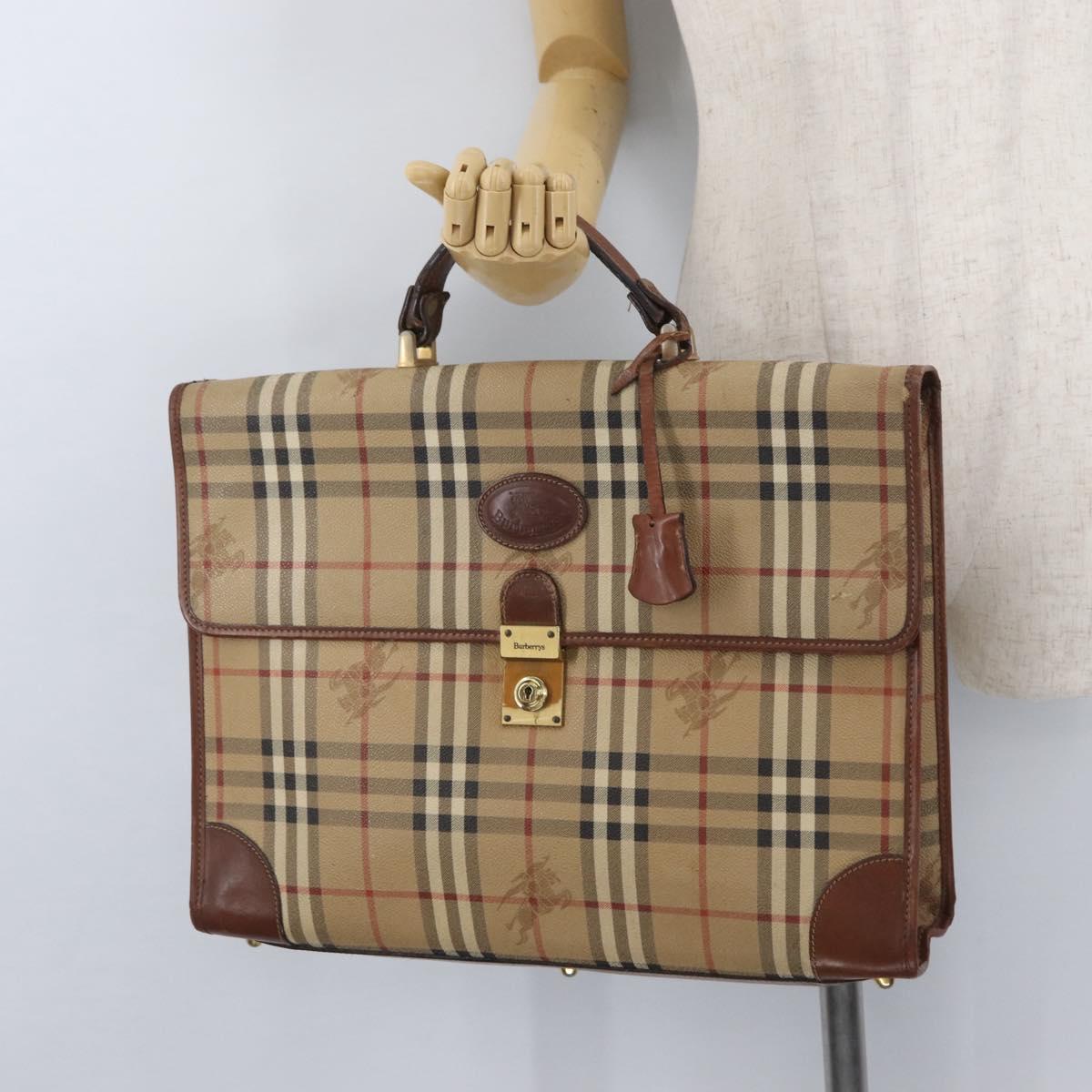 Burberrys Nova Check Hand Bag PVC Beige Gold Auth bs33656