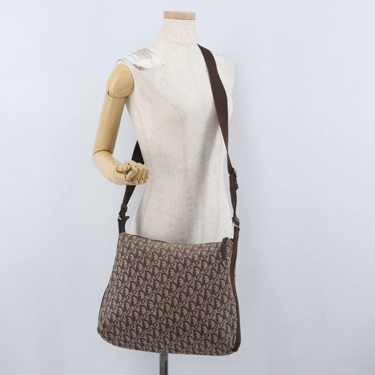 Christian Dior Trotter Canvas Shoulder Bag Brown Silver Auth bs33657