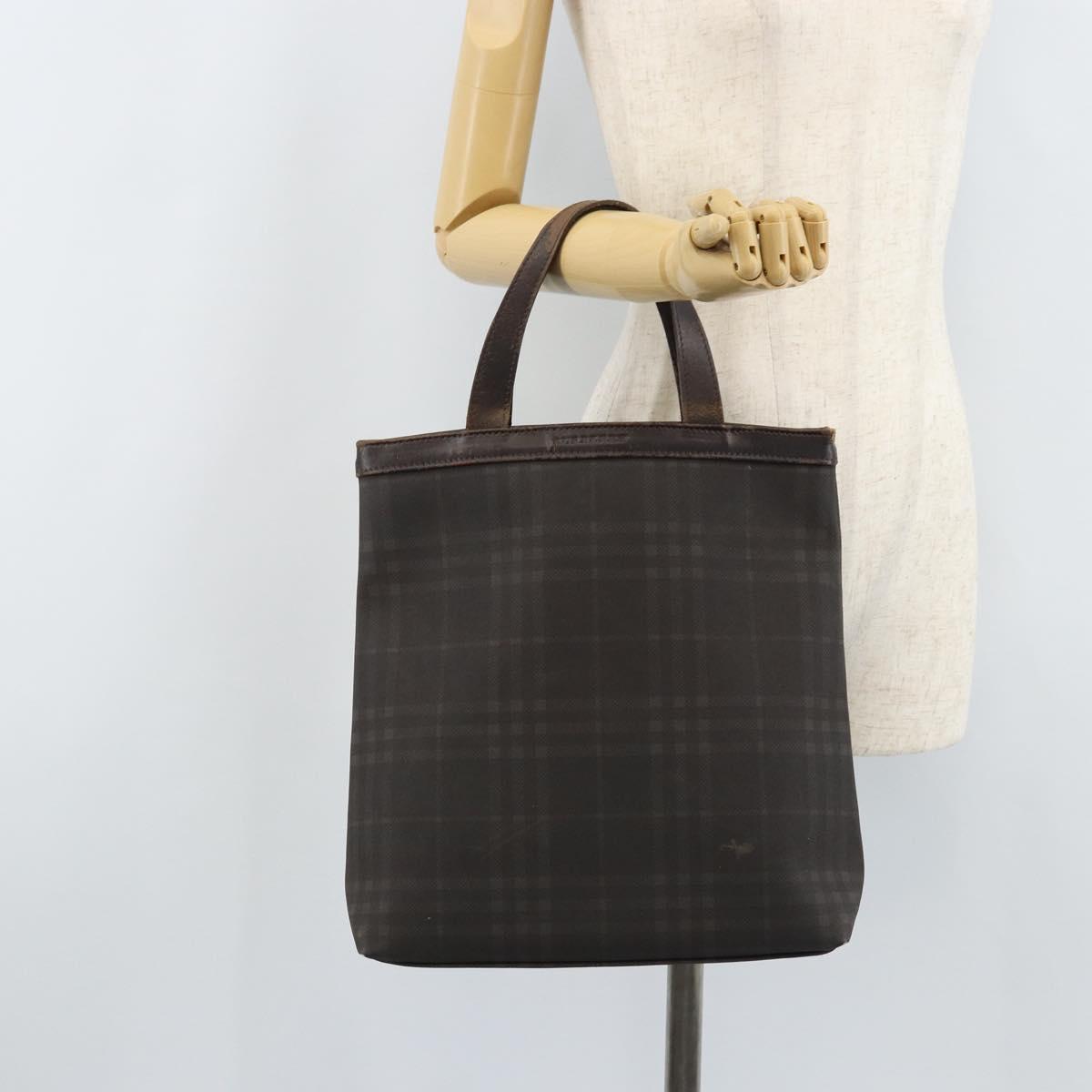 BURBERRY Nova Check Hand Bag PVC Brown Silver Auth bs33672