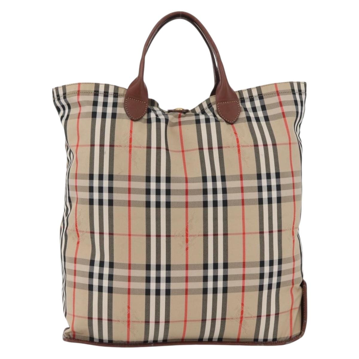 Burberrys Nova Check Hand Bag Nylon Beige Gold Auth bs33673