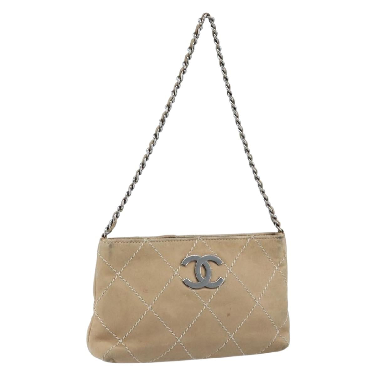 CHANEL Matelasse Accessory Pouch Leather Beige Silver CC Auth bs33676