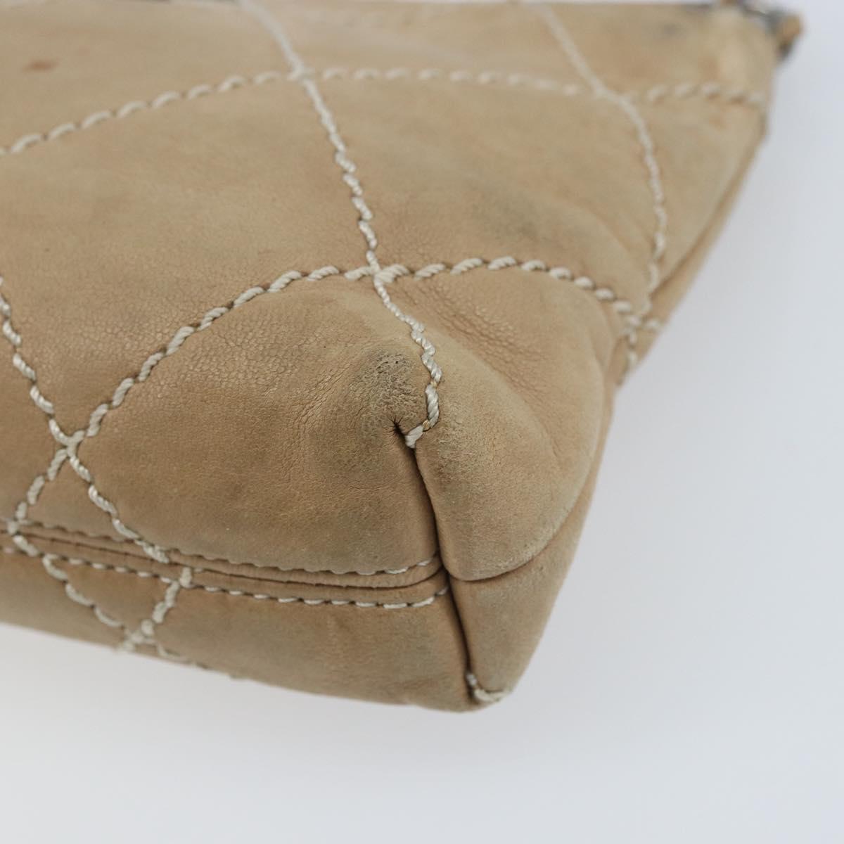 CHANEL Matelasse Accessory Pouch Leather Beige Silver CC Auth bs33676