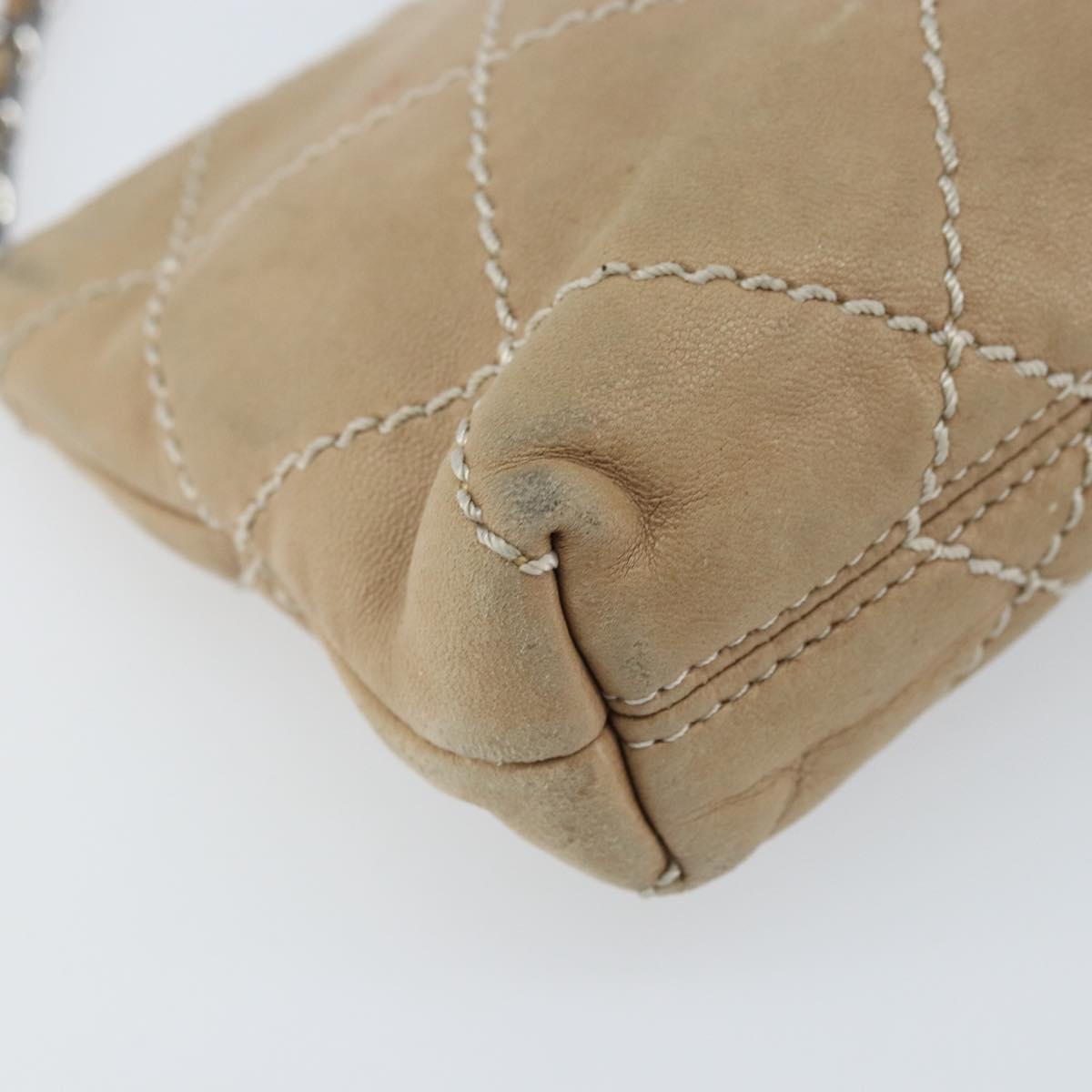 CHANEL Matelasse Accessory Pouch Leather Beige Silver CC Auth bs33676