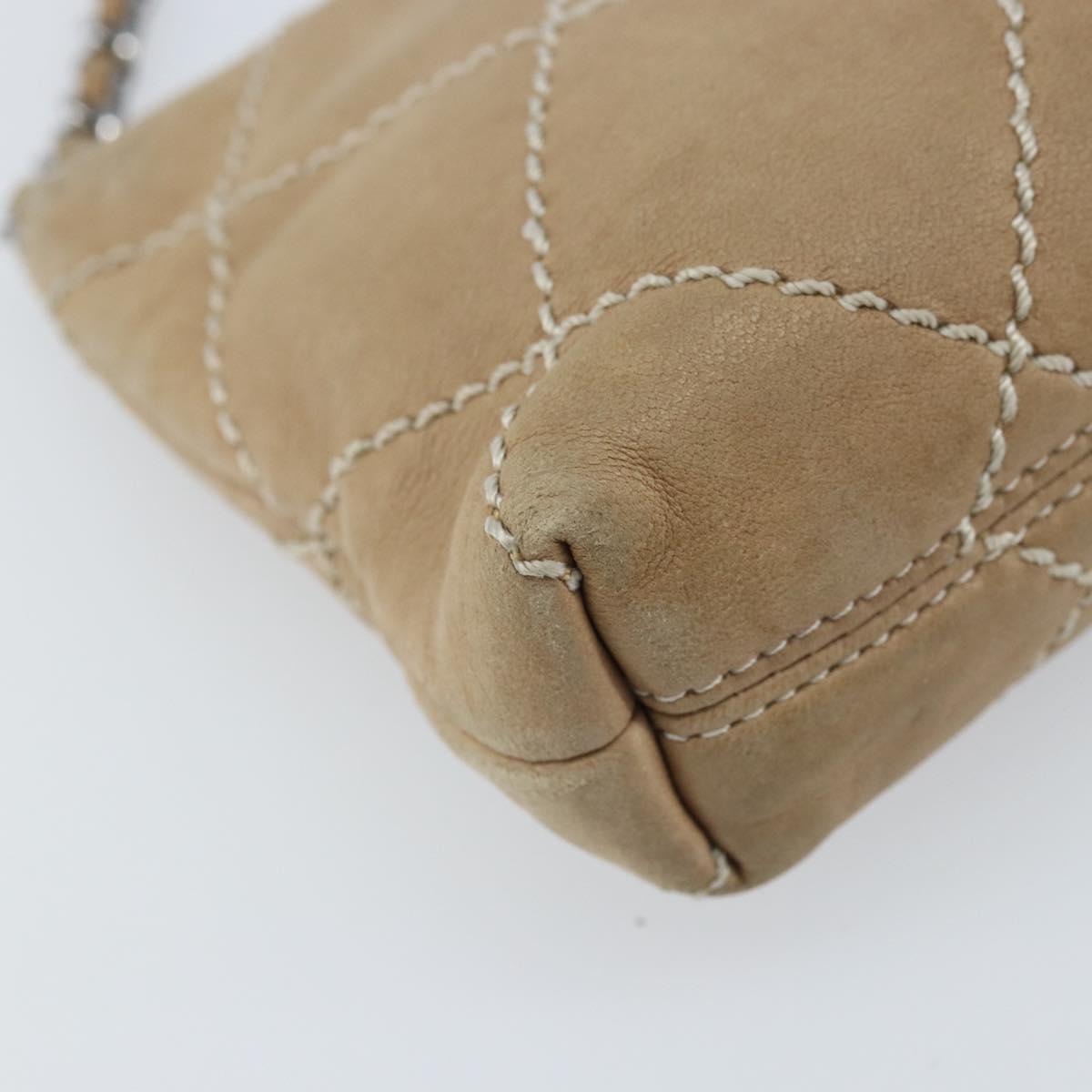 CHANEL Matelasse Accessory Pouch Leather Beige Silver CC Auth bs33676