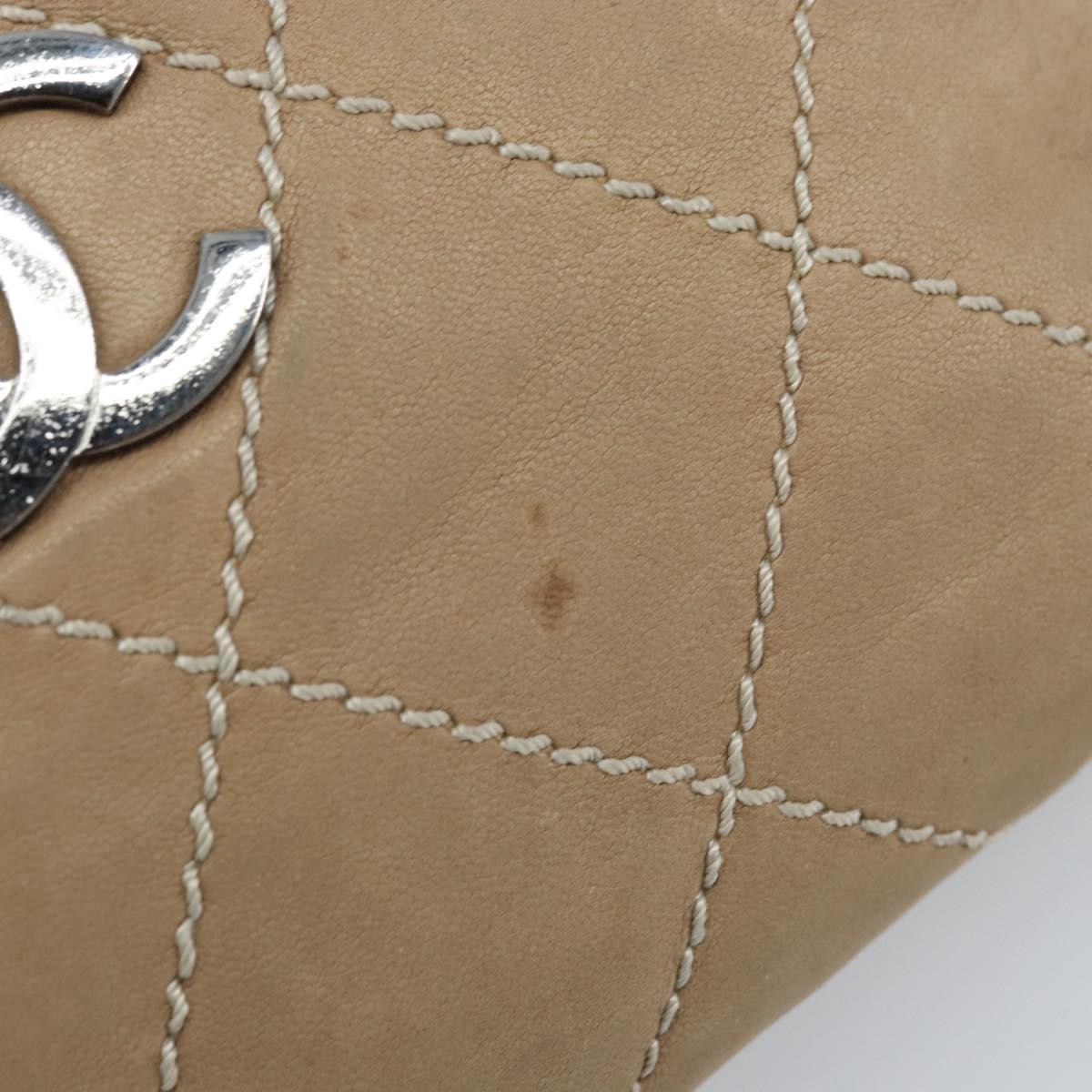 CHANEL Matelasse Accessory Pouch Leather Beige Silver CC Auth bs33676