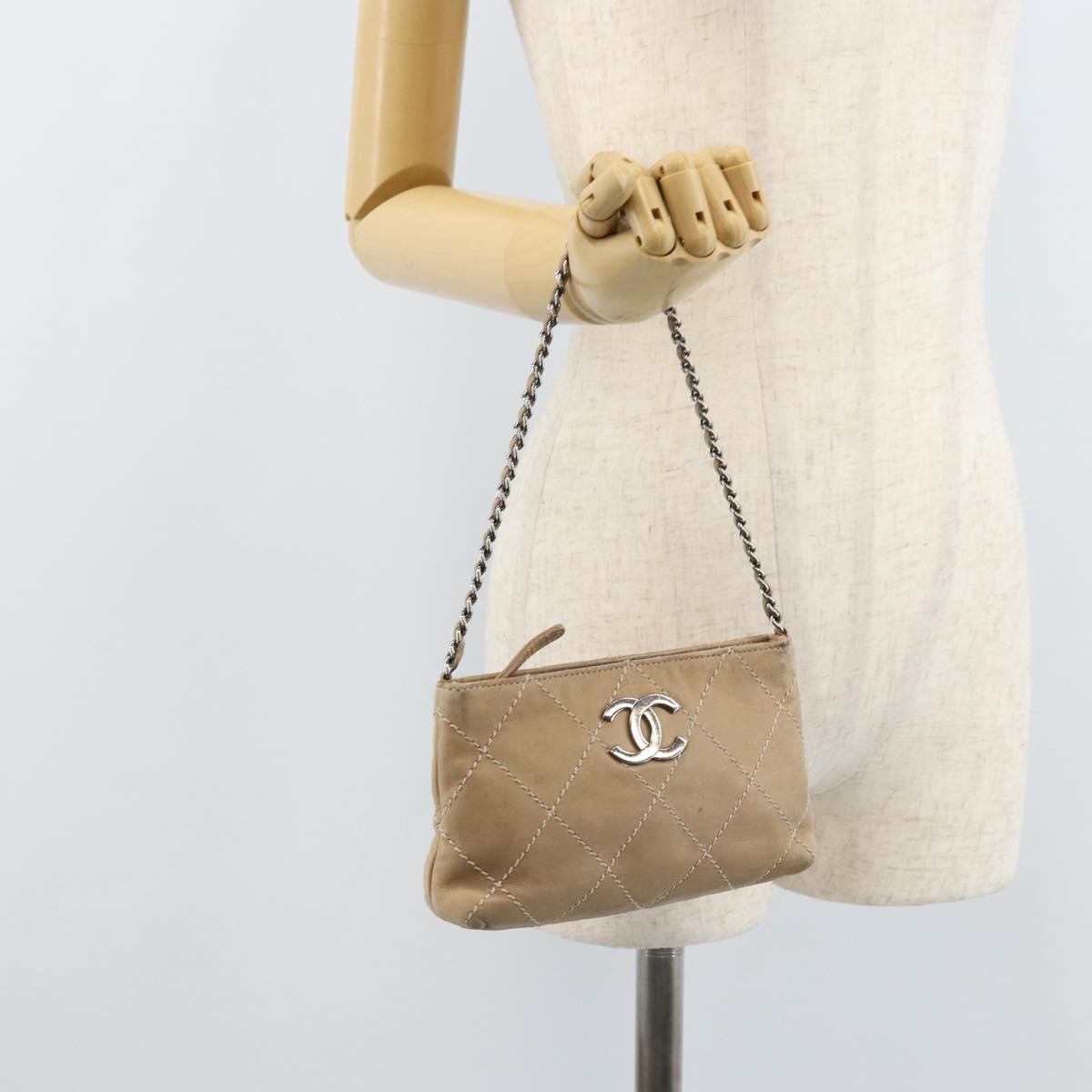 CHANEL Matelasse Accessory Pouch Leather Beige Silver CC Auth bs33676