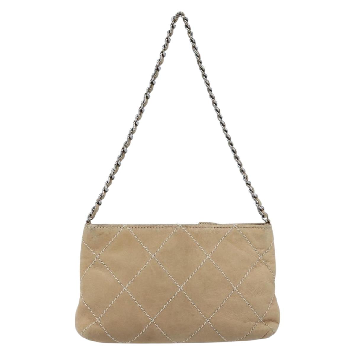 CHANEL Matelasse Accessory Pouch Leather Beige Silver CC Auth bs33676