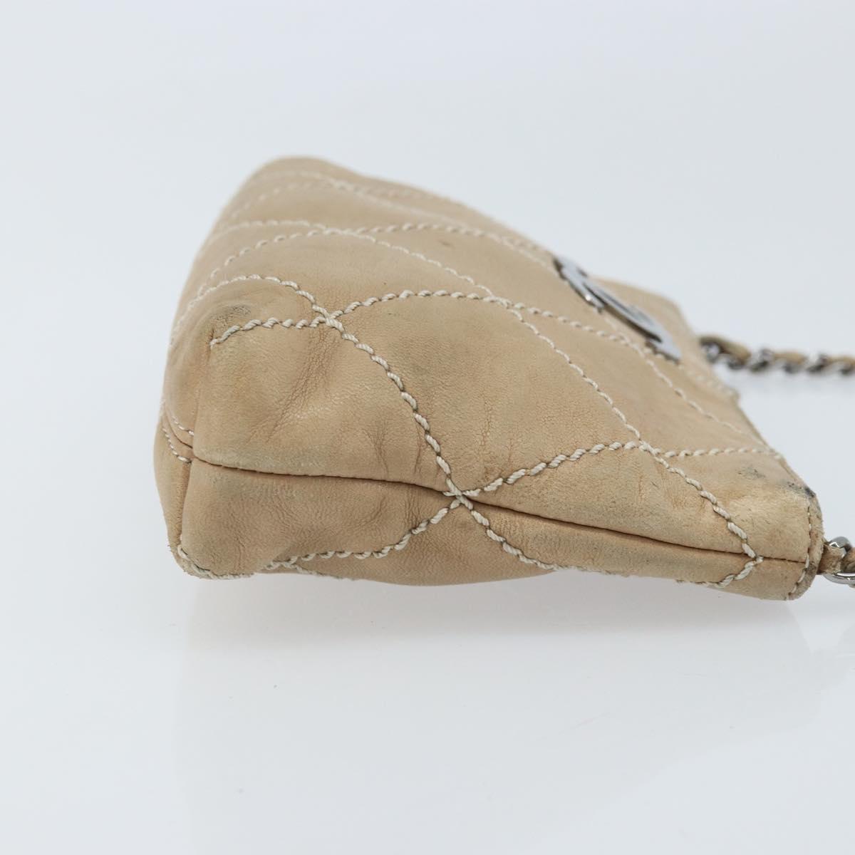 CHANEL Matelasse Accessory Pouch Leather Beige Silver CC Auth bs33676