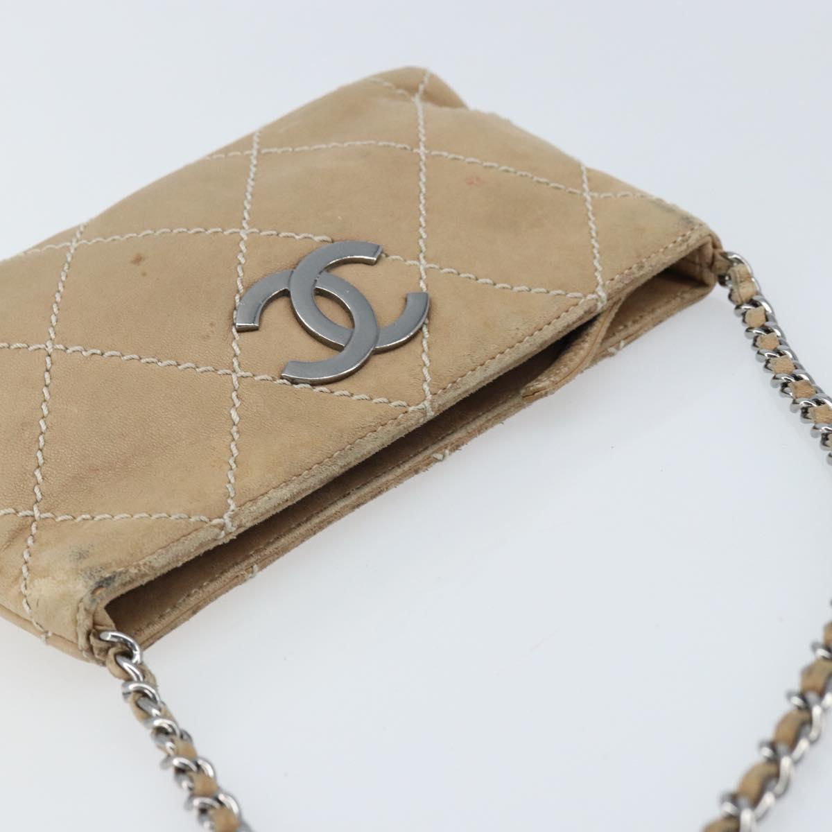 CHANEL Matelasse Accessory Pouch Leather Beige Silver CC Auth bs33676