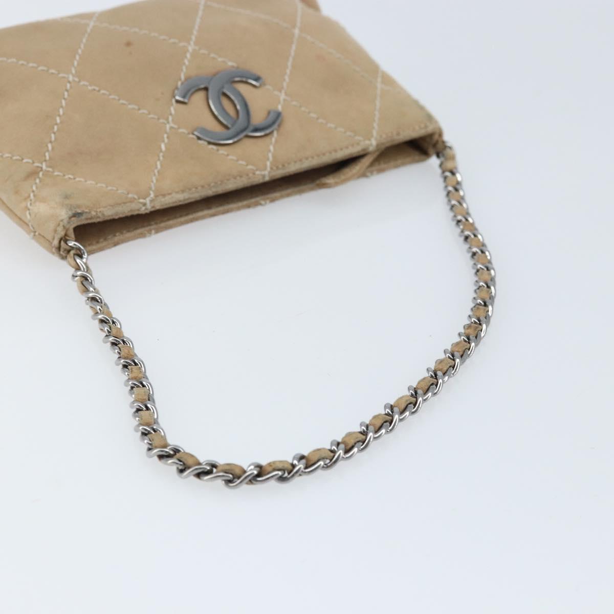 CHANEL Matelasse Accessory Pouch Leather Beige Silver CC Auth bs33676