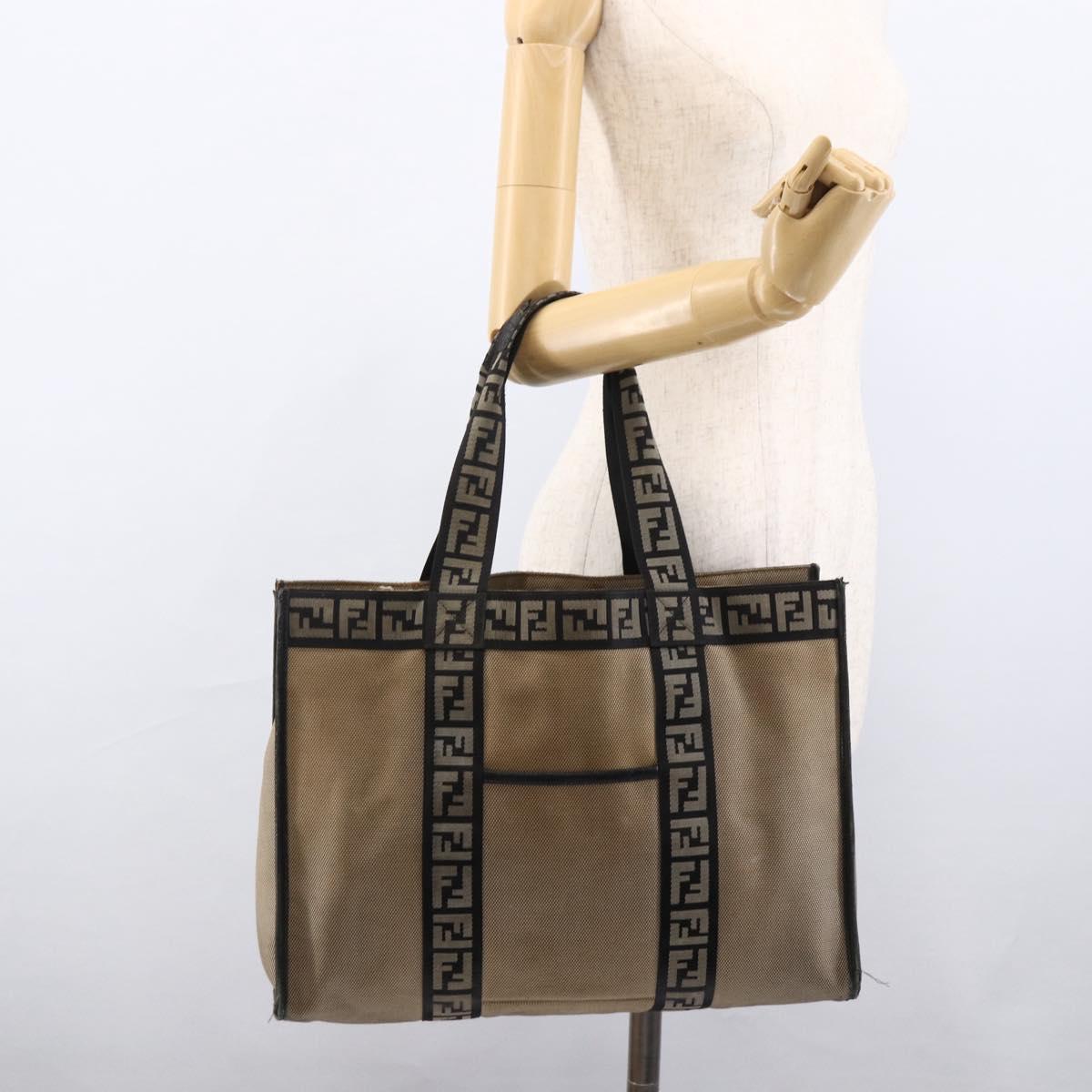 FENDI Tote Bag Canvas Brown Silver Auth bs33677