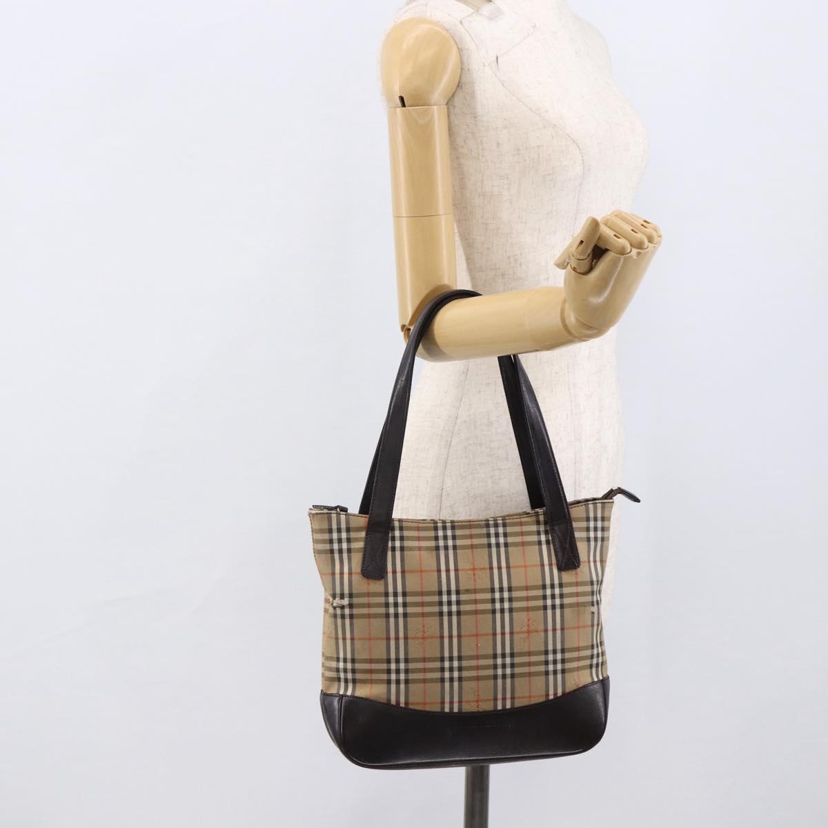 BURBERRY Nova Check Hand Bag Canvas Beige Gold Auth bs33688