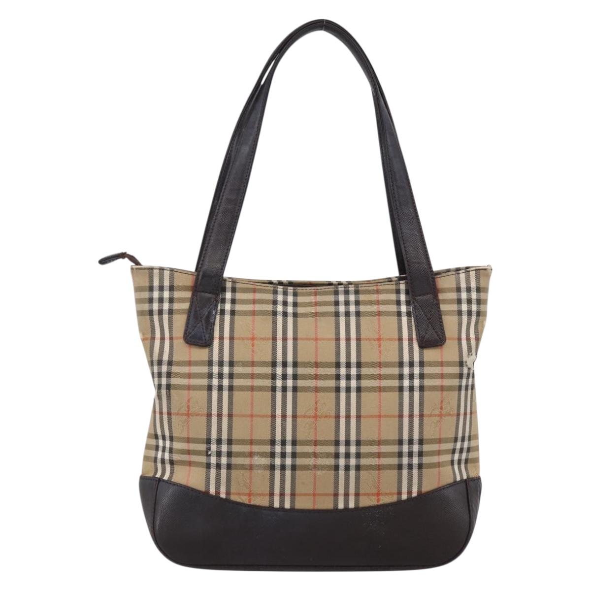 BURBERRY Nova Check Hand Bag Canvas Beige Gold Auth bs33688