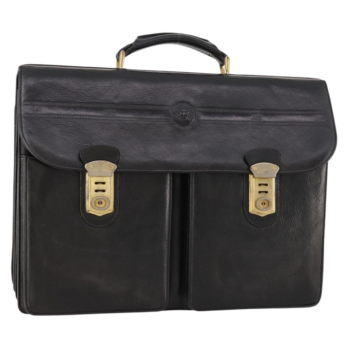 VERSACE Business Bag Leather Black Gold Auth bs33703