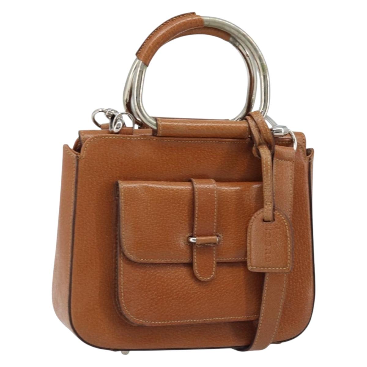 GUCCI Hand Bag Leather 2way Brown Silver Auth bs33707