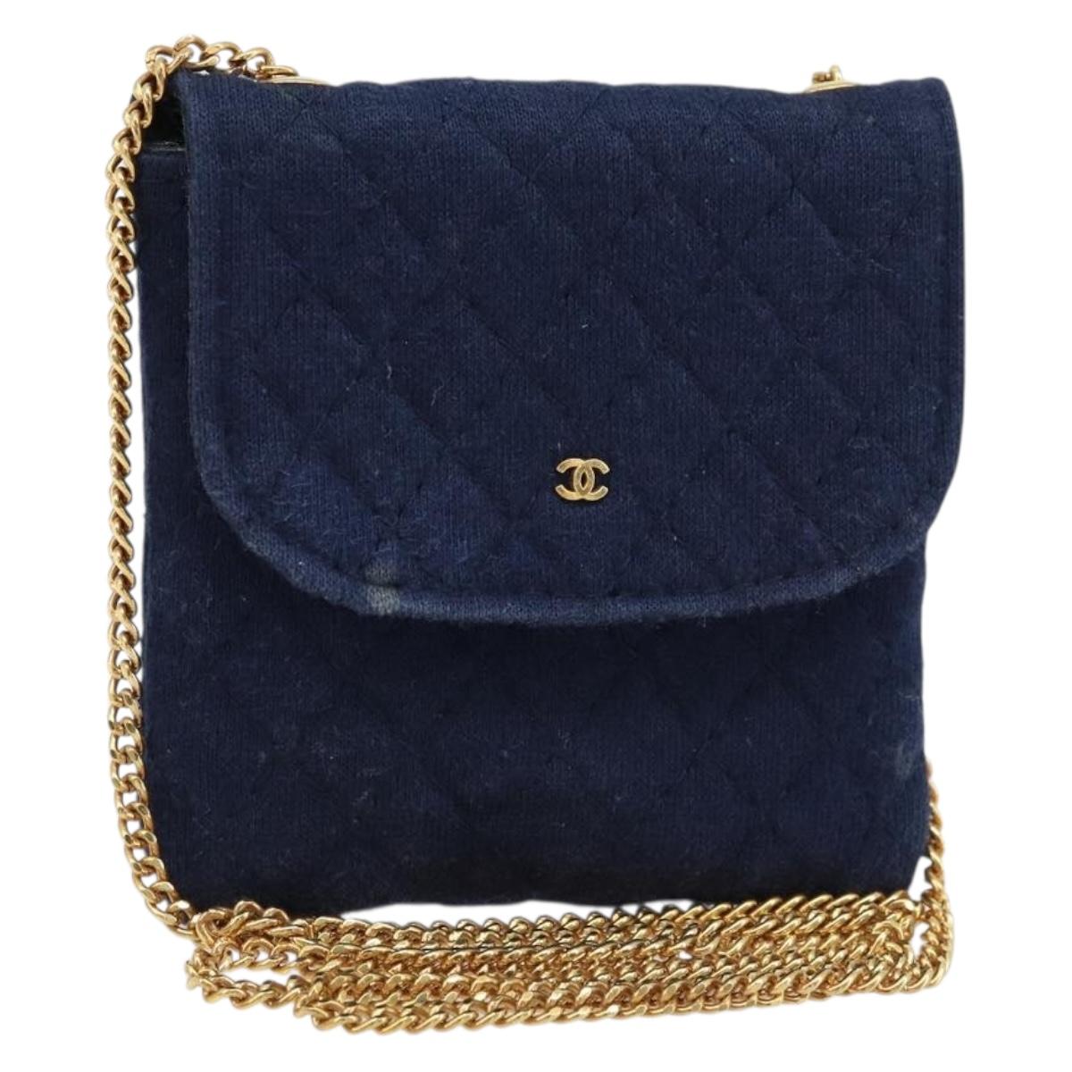 CHANEL Chain Pouch Cotton Navy Gold CC Auth bs33731