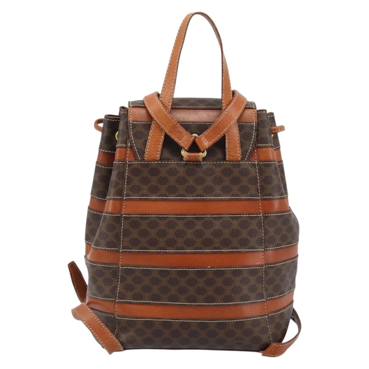 CELINE Macadam Canvas Backpack PVC Leather Brown Gold Auth bs33733