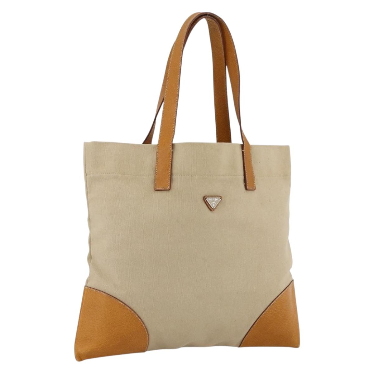 PRADA Tote Bag Canvas Beige Silver Auth bs33740