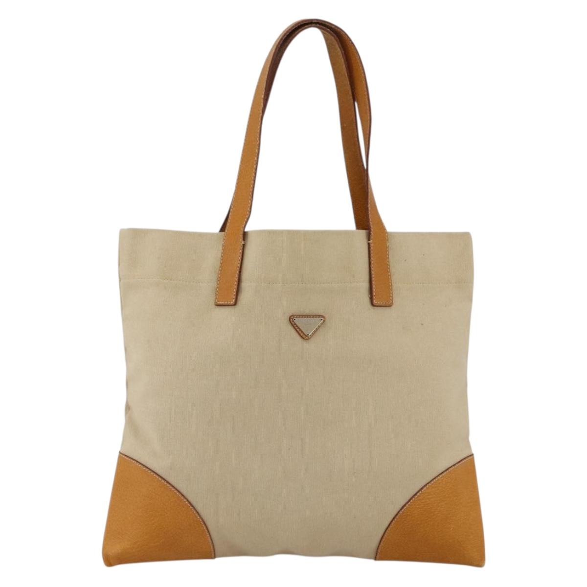 PRADA Tote Bag Canvas Beige Silver Auth bs33740