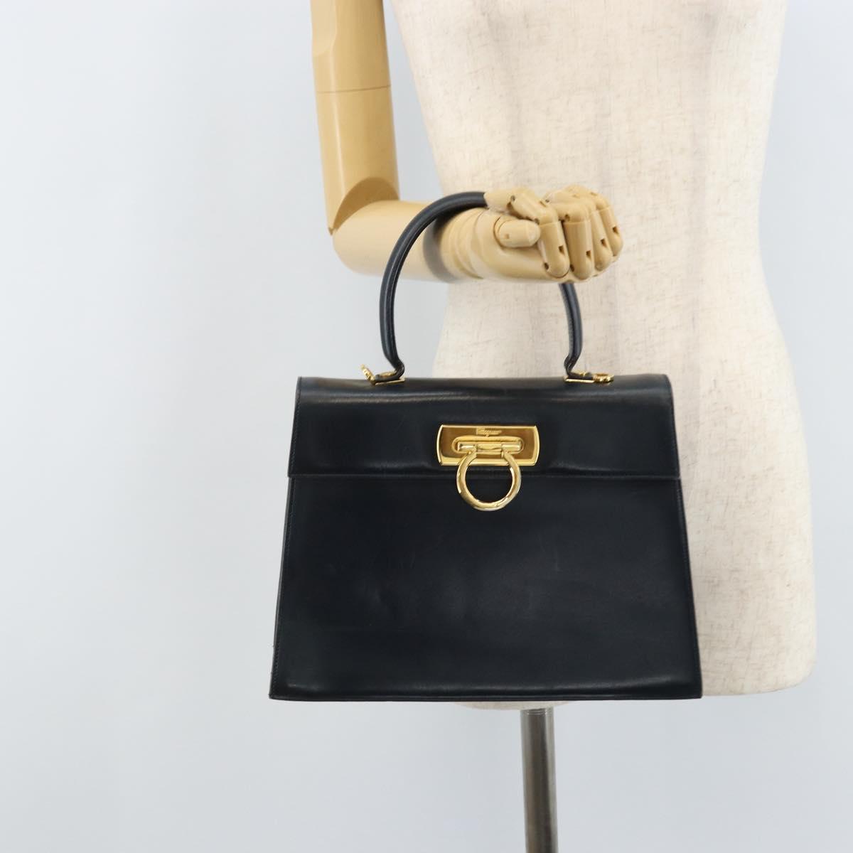 Salvatore Ferragamo Gancini Hand Bag Leather Navy Gold Auth bs33743