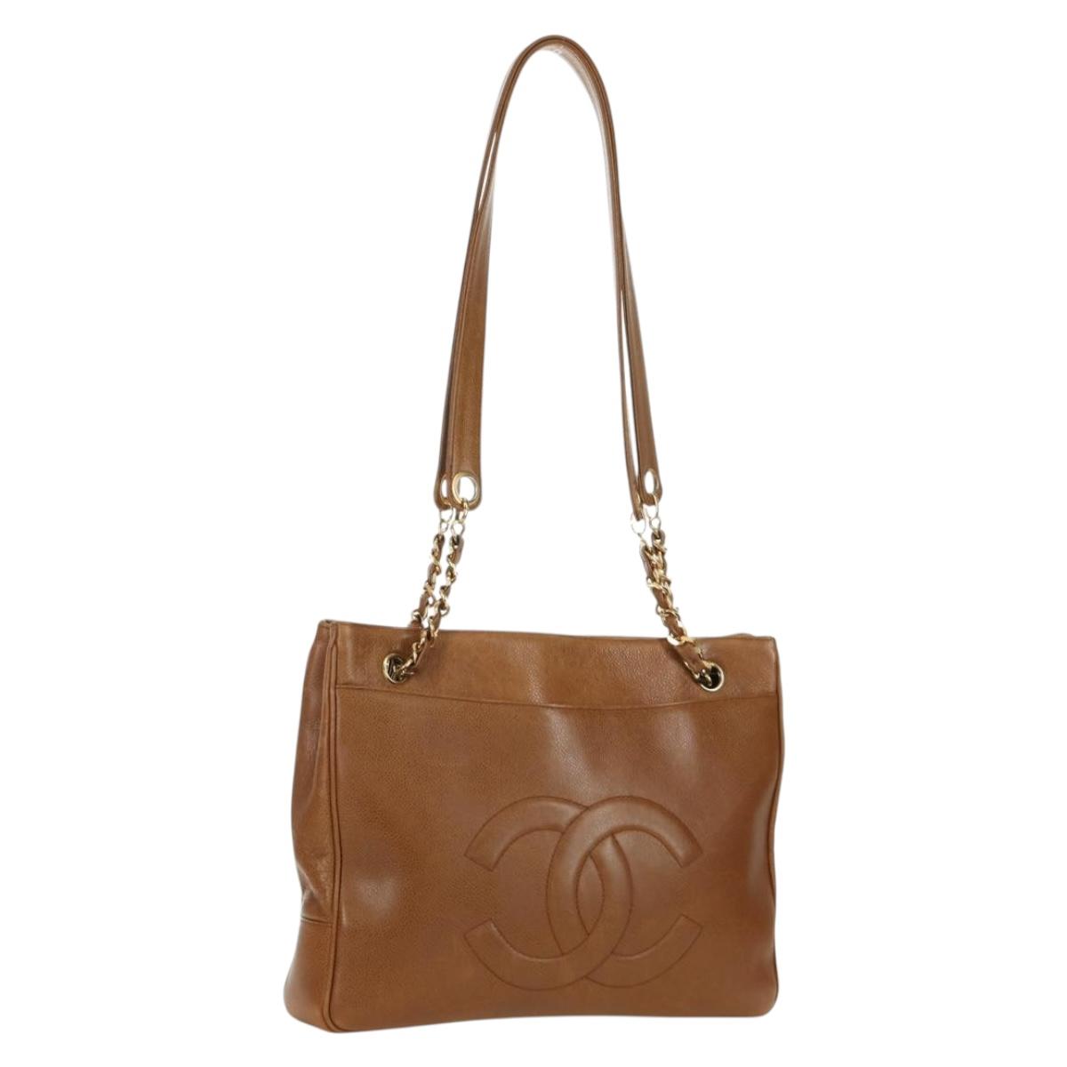 CHANEL Tote Bag Caviar Skin Brown Gold CC Auth bs33755A