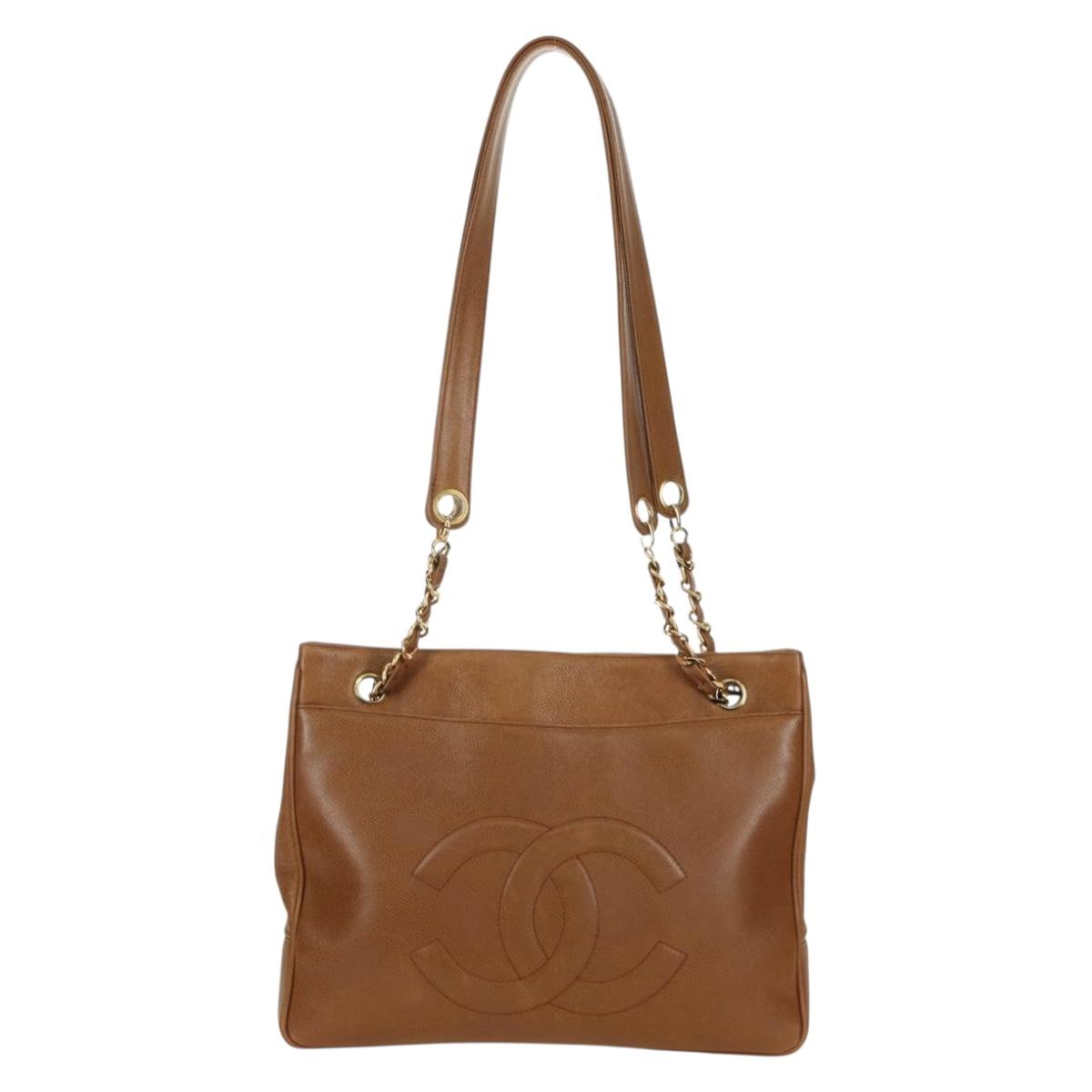 CHANEL Tote Bag Caviar Skin Brown Gold CC Auth bs33755A