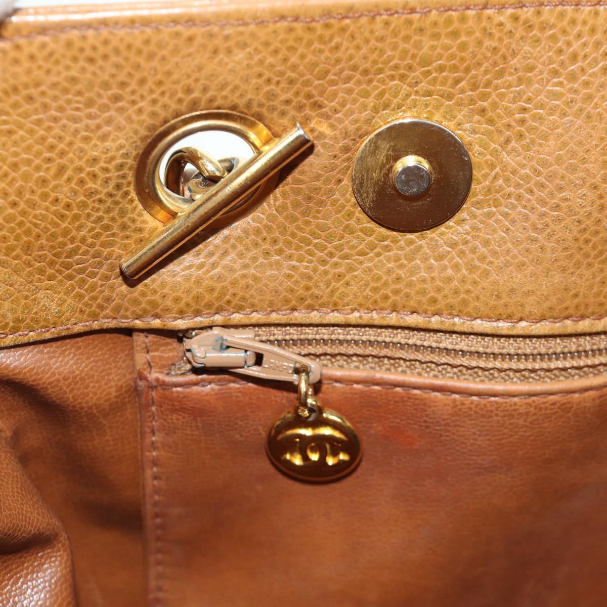 CHANEL Tote Bag Caviar Skin Brown Gold CC Auth bs33755A