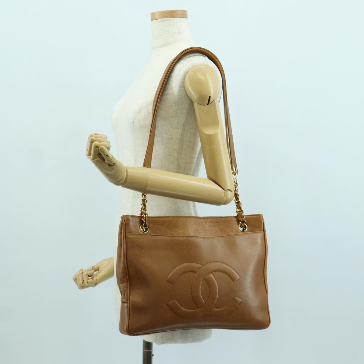 CHANEL Tote Bag Caviar Skin Brown Gold CC Auth bs33755A