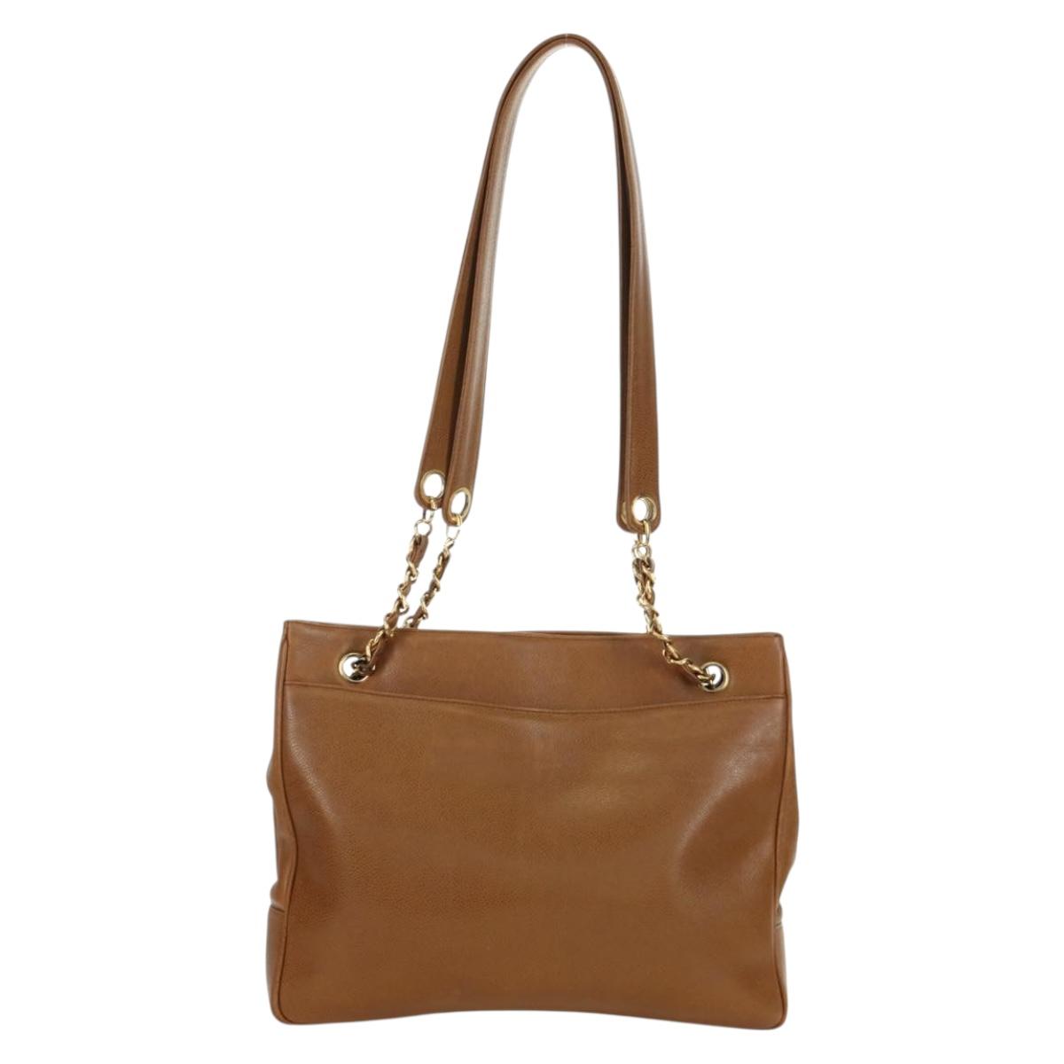 CHANEL Tote Bag Caviar Skin Brown Gold CC Auth bs33755A