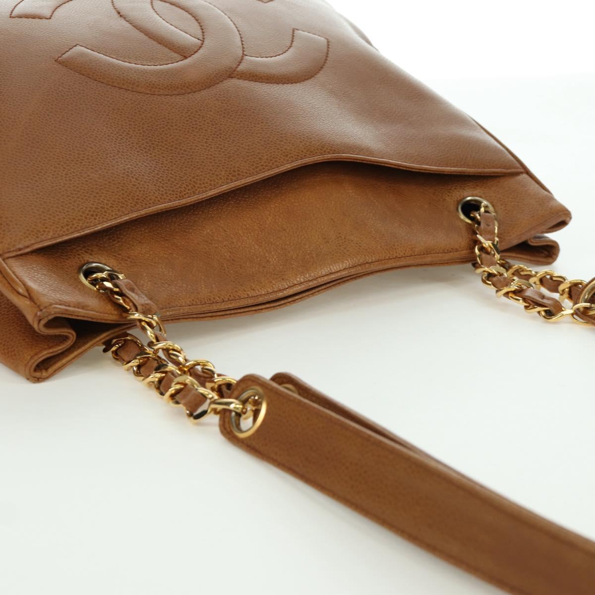 CHANEL Tote Bag Caviar Skin Brown Gold CC Auth bs33755A