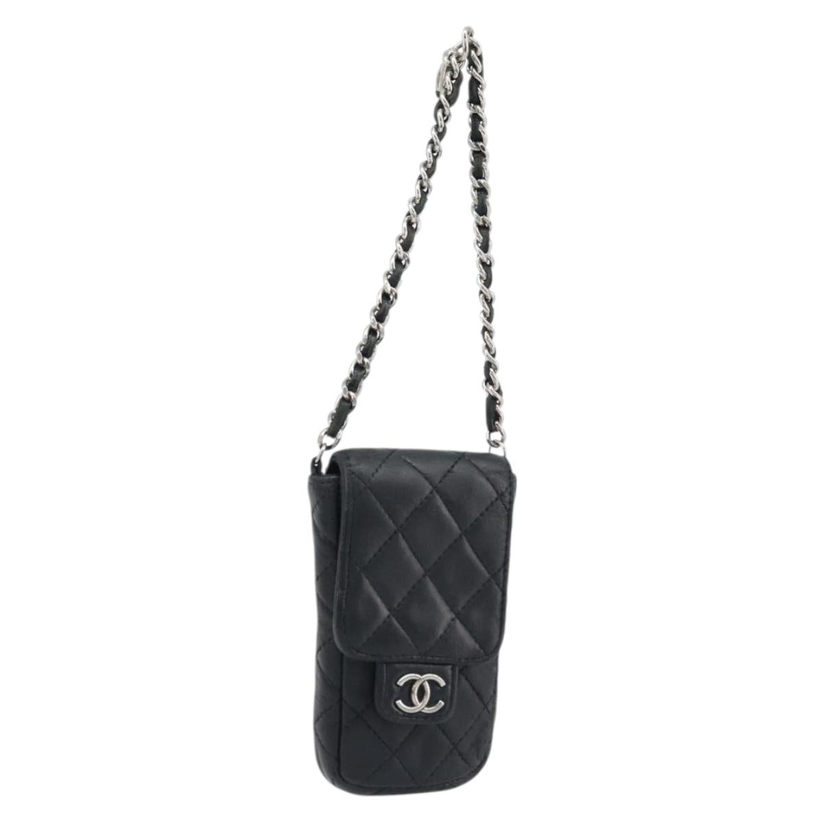 CHANEL Matelasse Pouch Lamb Skin Black Silver CC Auth bs33759