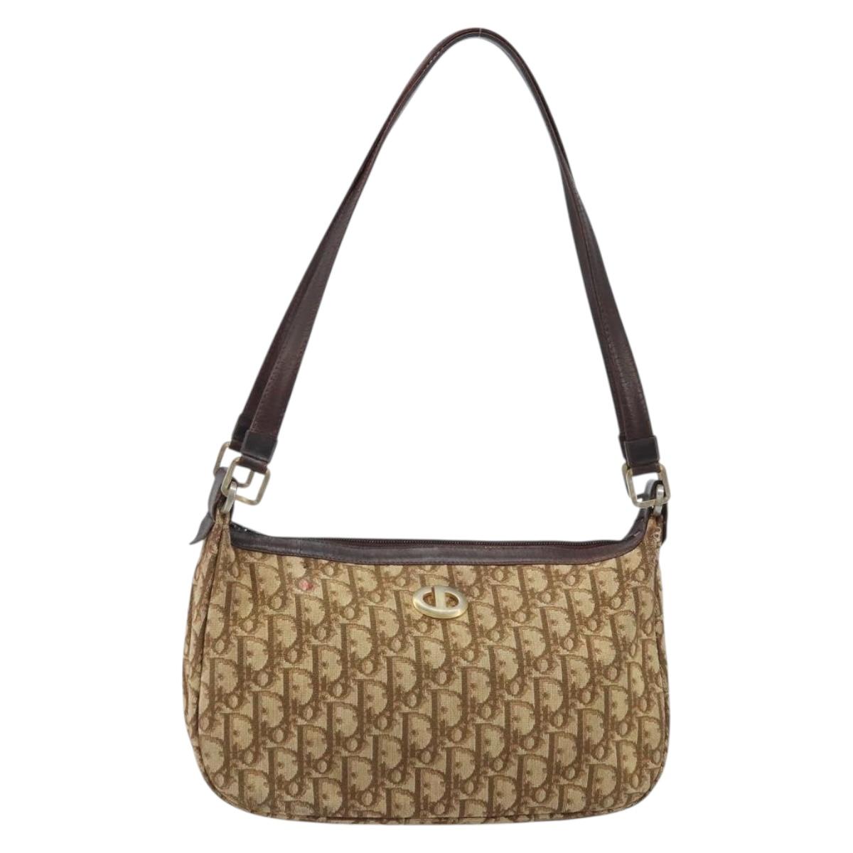 Christian Dior Trotter Canvas Shoulder Bag Beige Gold Auth bs33761