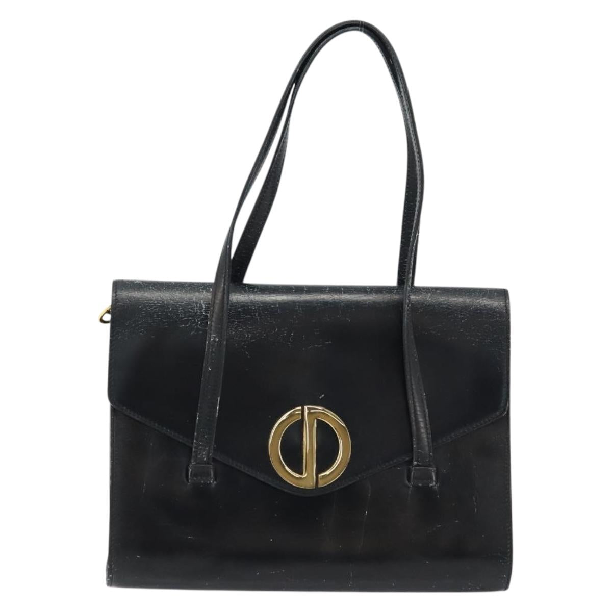 Christian Dior Hand Bag Leather Black Gold Auth bs33762