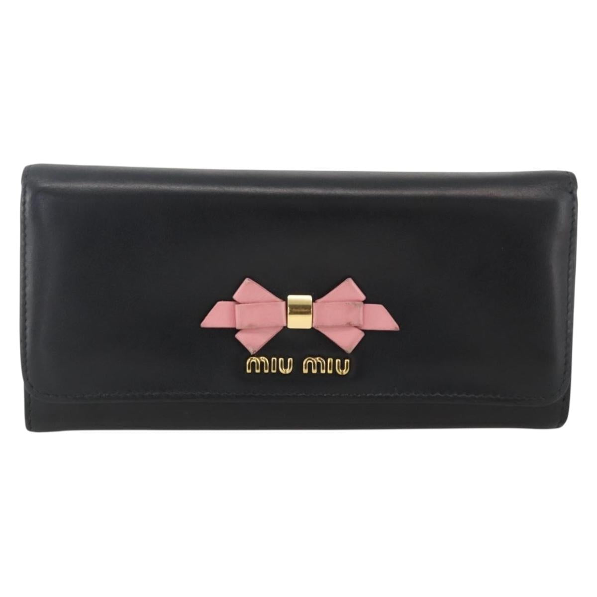Miu Miu Long Wallet Leather Black Gold Auth bs33771
