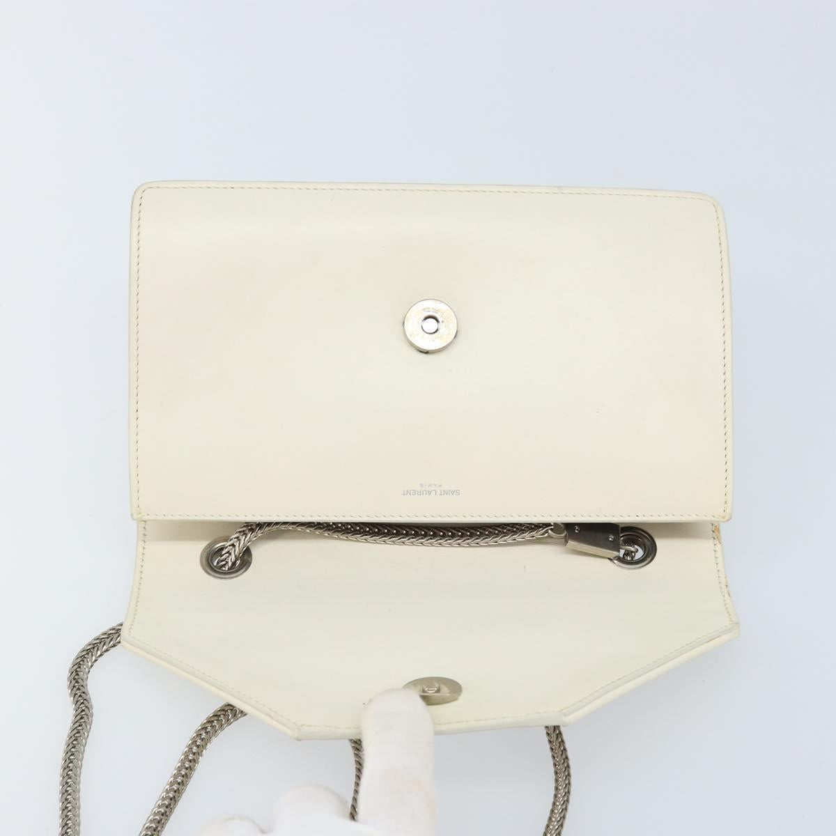 SAINT LAURENT Chain Shoulder Bag Leather White Silver Auth bs33774
