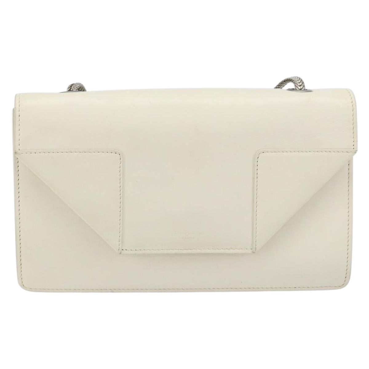 SAINT LAURENT Chain Shoulder Bag Leather White Silver Auth bs33774