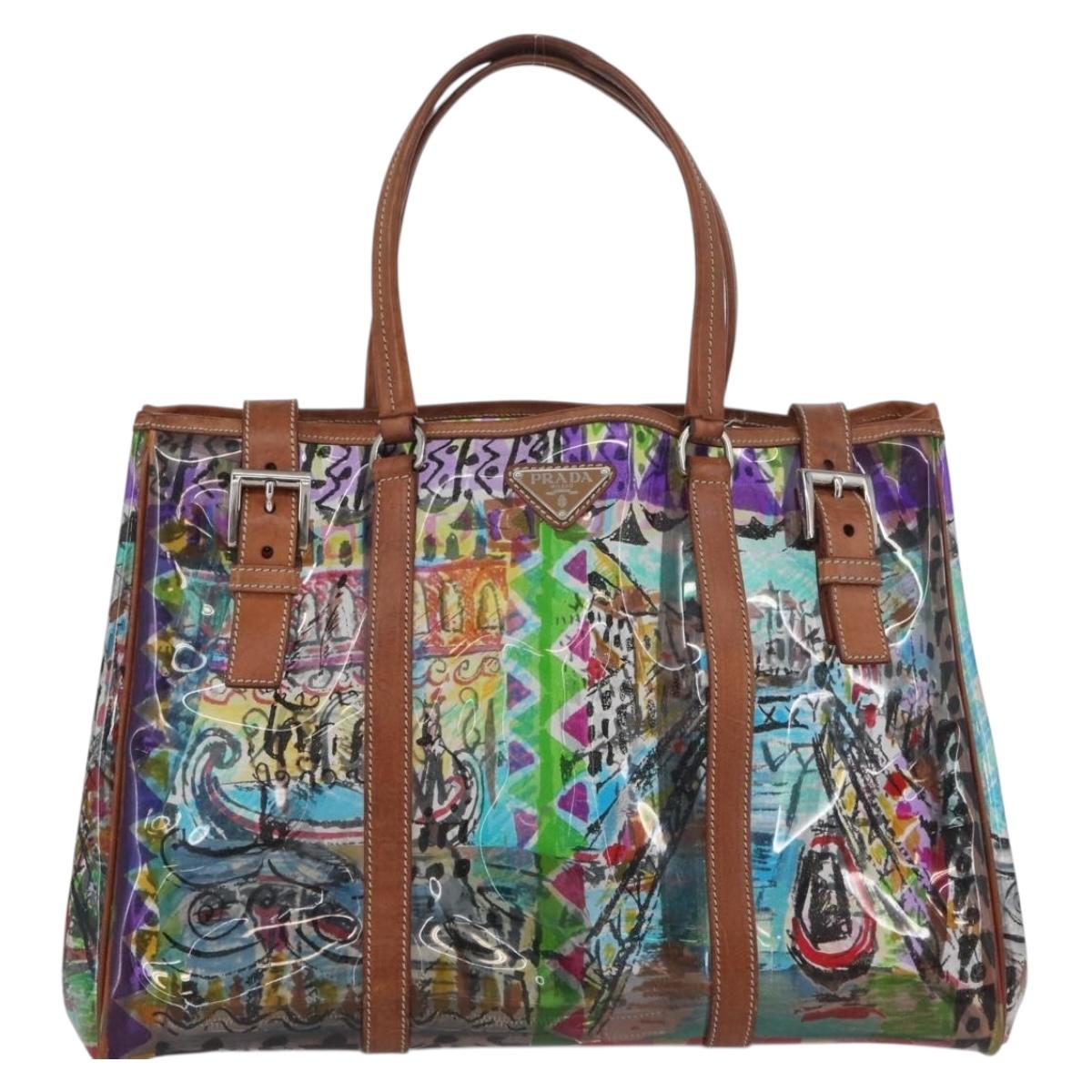 PRADA Tote Bag Vinyl Multicolor Silver Auth bs33781