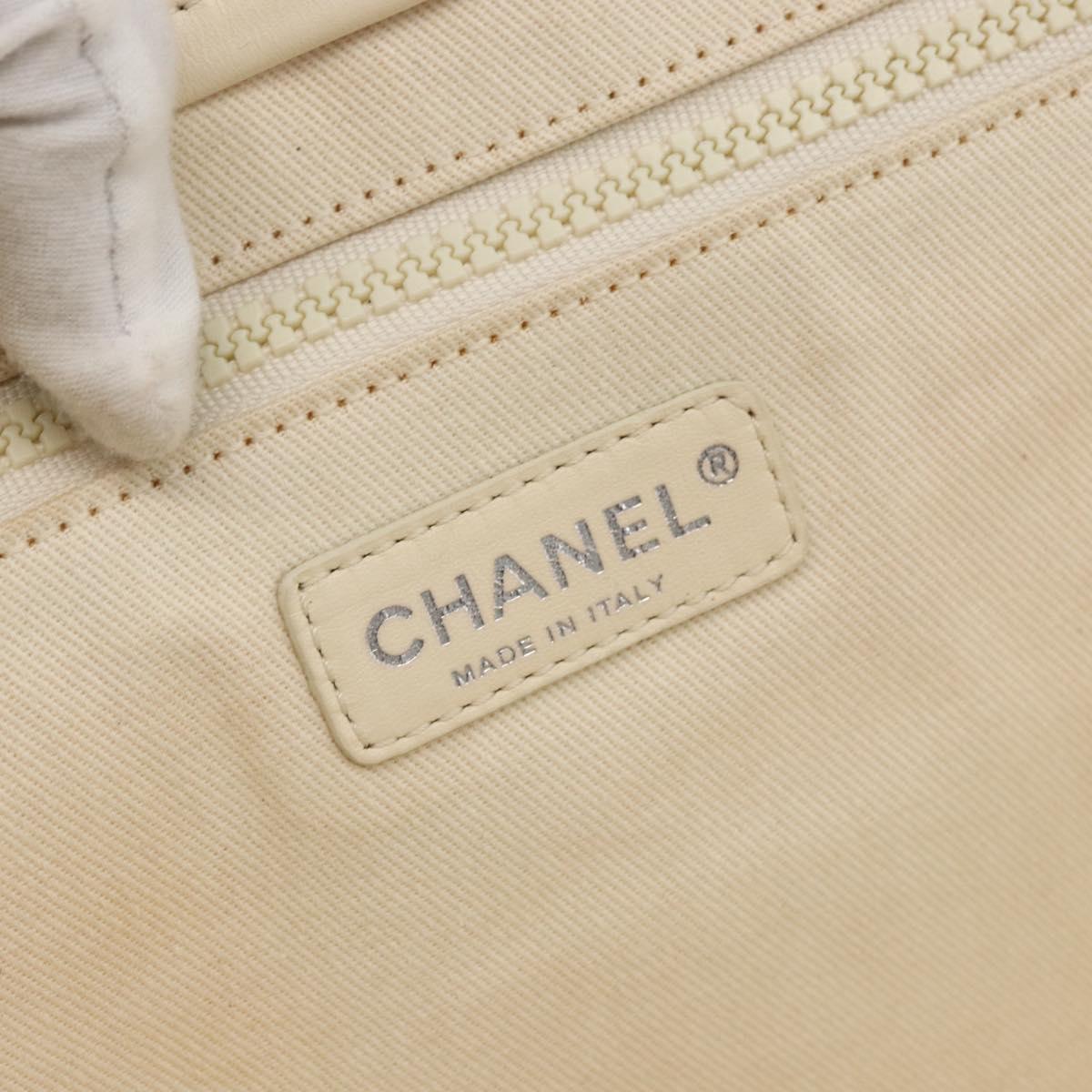 CHANEL Tote Bag Canvas Leather White Silver CC Auth bs33806
