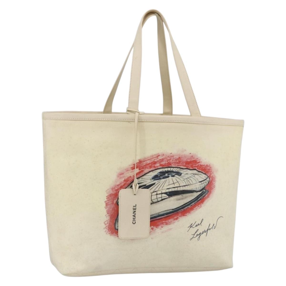 CHANEL Tote Bag Canvas Leather White Silver CC Auth bs33806