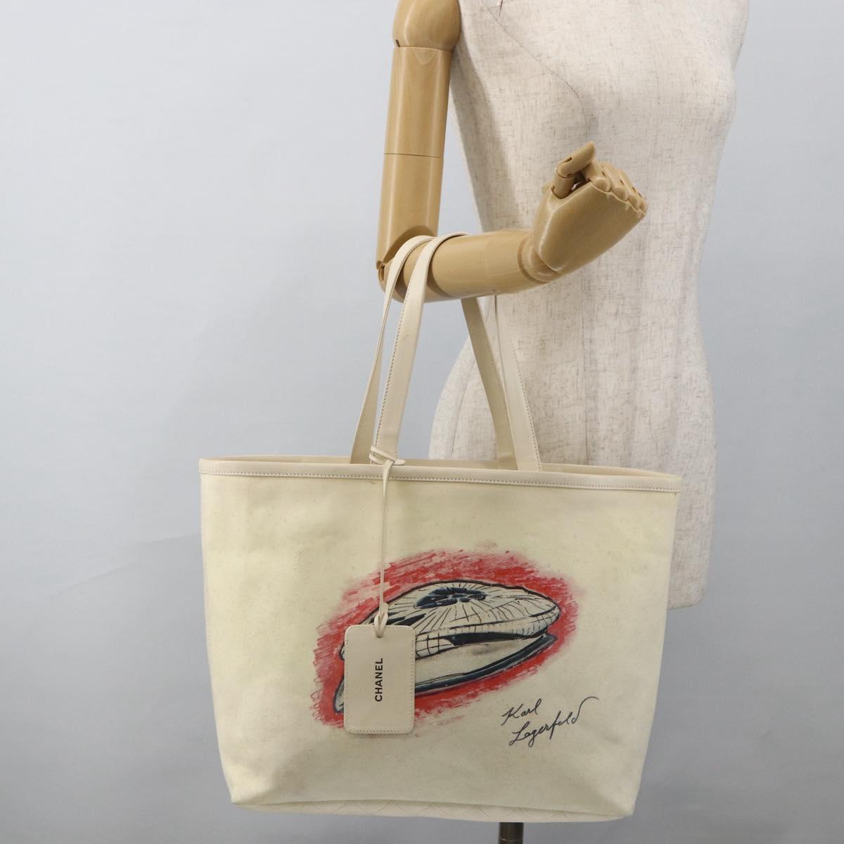 CHANEL Tote Bag Canvas Leather White Silver CC Auth bs33806