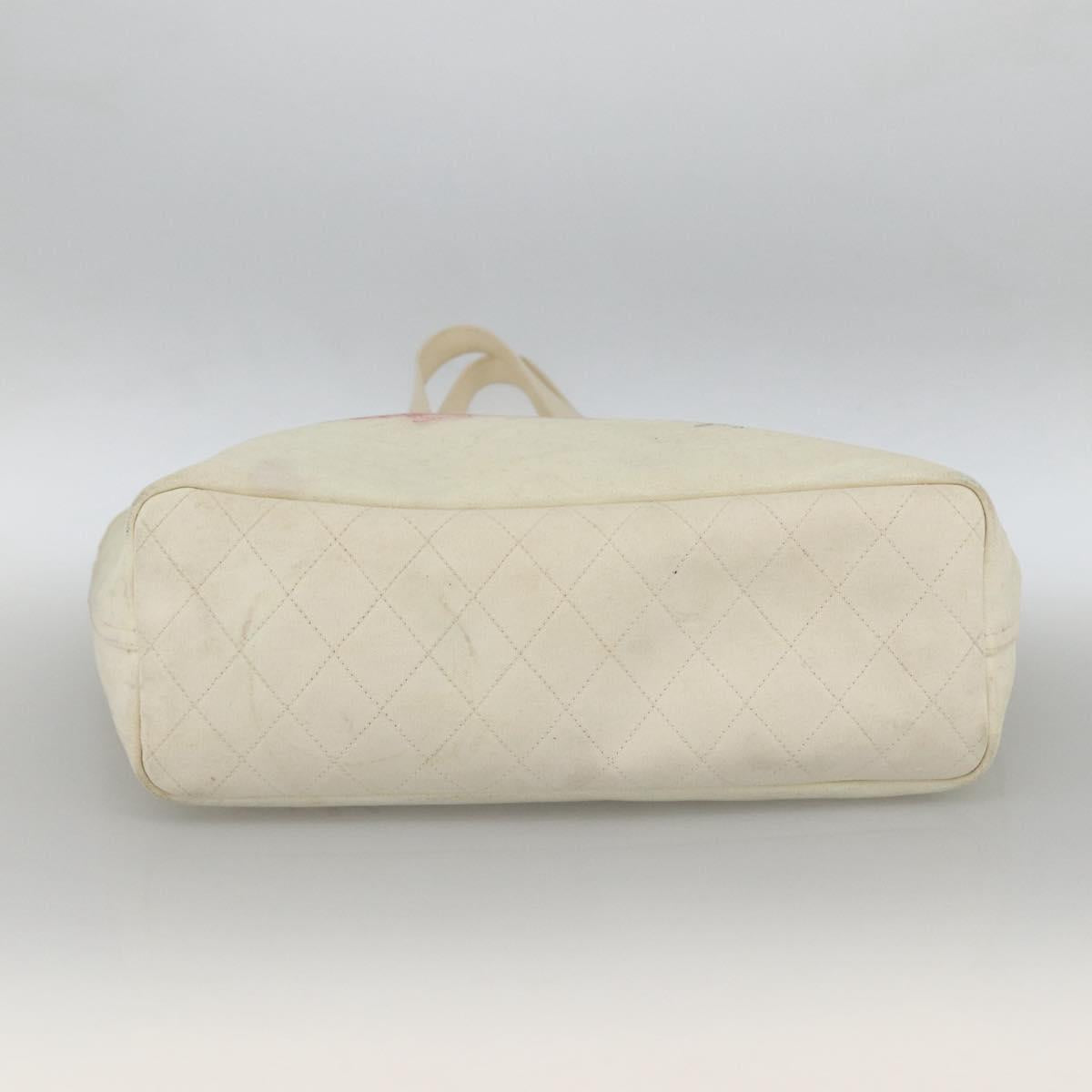CHANEL Tote Bag Canvas Leather White Silver CC Auth bs33806
