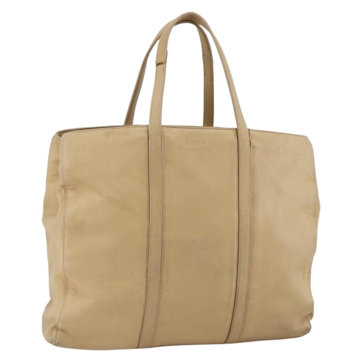LOEWE Tote Bag Leather Beige Gold Auth bs33808