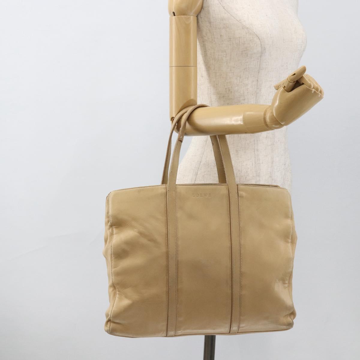 LOEWE Tote Bag Leather Beige Gold Auth bs33808