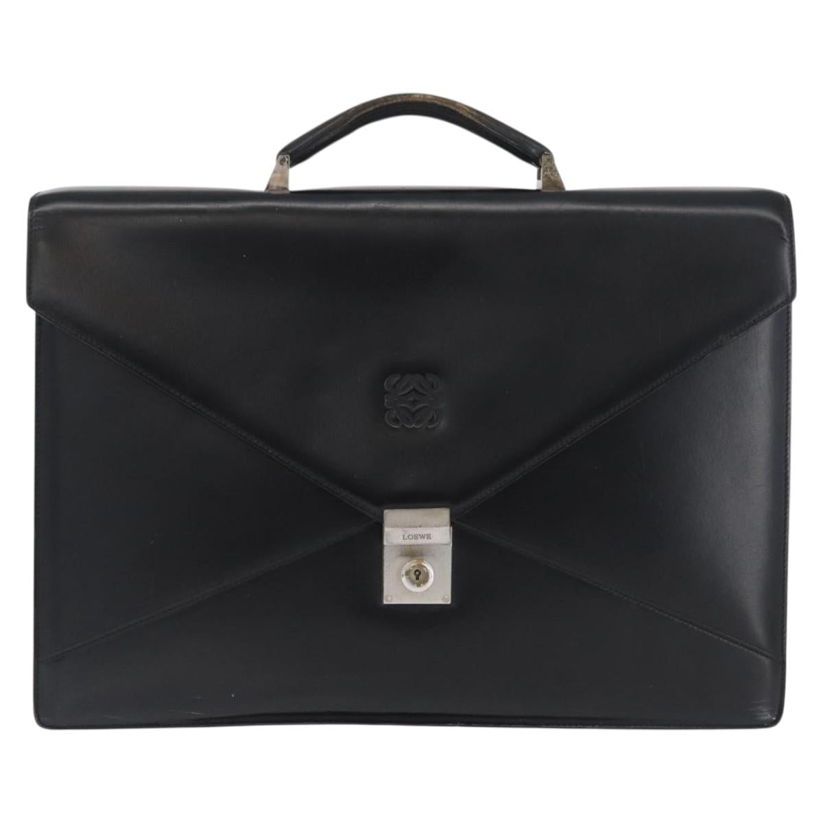 LOEWE Anagram Business Bag Leather Black Silver Auth bs33809