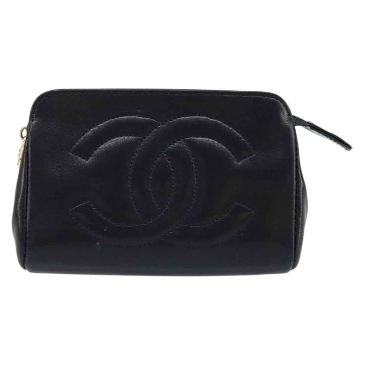 CHANEL Pouch Lamb Skin Black Gold CC Auth bs33811