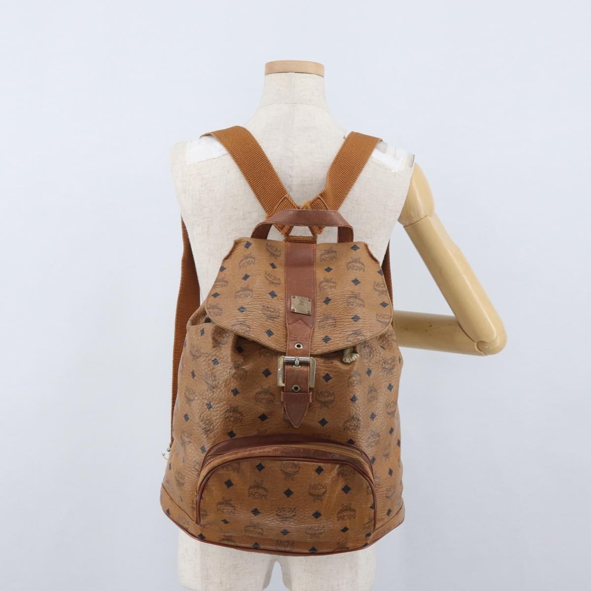 MCM Vicetos Logogram Backpack PVC Leather Brown Gold Auth bs33818